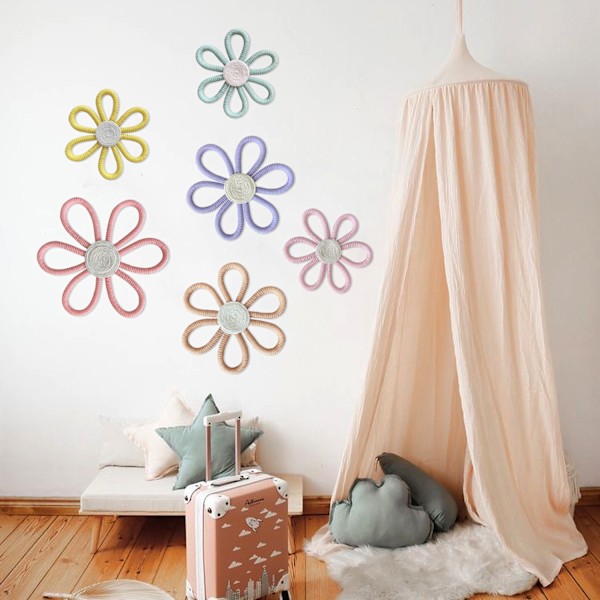 Boho Decor Daisy Flower Woven Macrame Vägg Hängande Rep Handgjord Vävd Väggprydnad Flickrum Flow