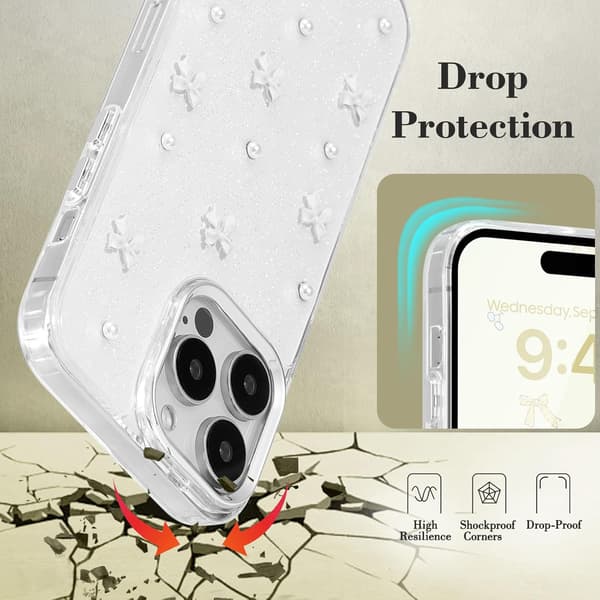 Case for iPhone 14 Pro, Bling Glitter 3D Bow Phone Case Cute Glittery Crystal Clear Bow Slim Soft Durable Protective Cover Whit White iPhone 14 Pro