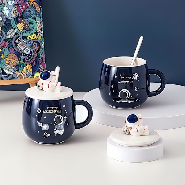Hauska avaruusmuki, söpö astronauttimuki, eativ-avaruusalusmuki kannella ja lusikalla, avaruuslahja astronomian ystäville 450ml (C)