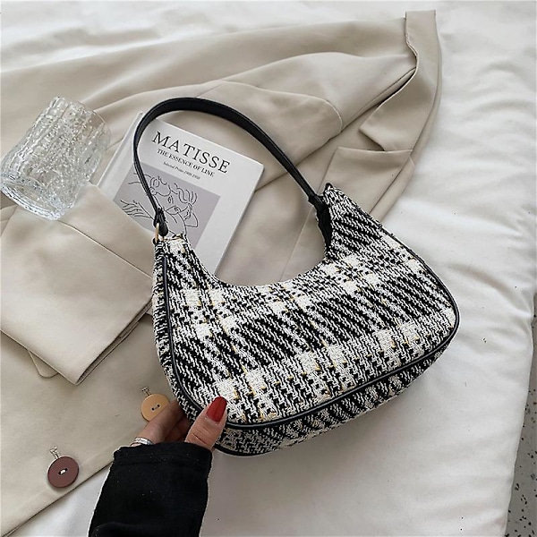 Rutiga Canvas Damväskor Ny PU Läder Halvmåne Axelväska Fashionabel Enkel Dragkedja Ren Färg Handväskor för Kvinnor