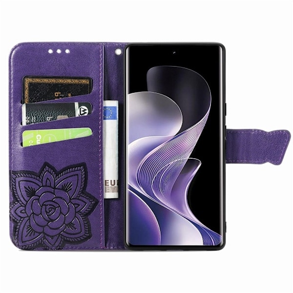 Xiaomi Redmi Note 14 Pro 5G Fodral Läder Fjäril Tryck Mörk Lila