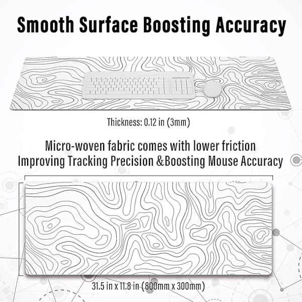Suuri pel墊滑鼠墊，帶有縫邊，極簡地形圖桌面墊，帶防滑底座的加長 Xl 滑鼠墊，適用於鍵盤的酷炫桌面墊
