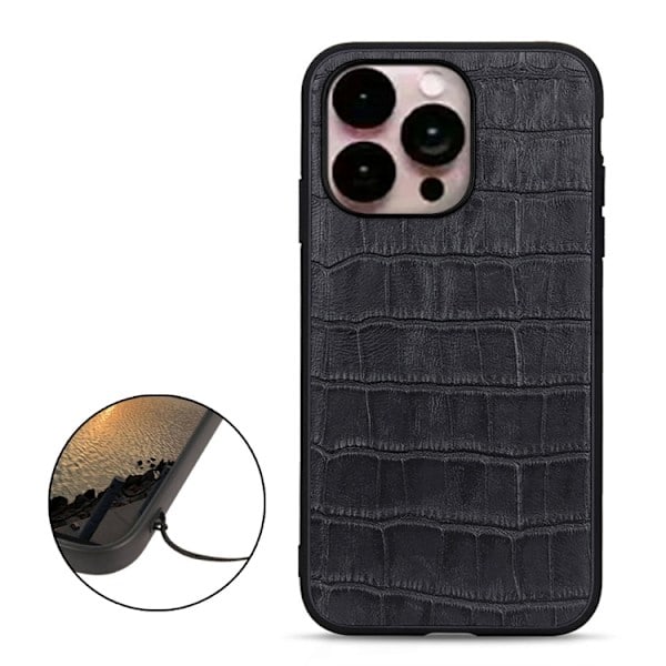 iPhone 14 Pro Max Cover Ægte Læder Krokodille Tekstur Sort