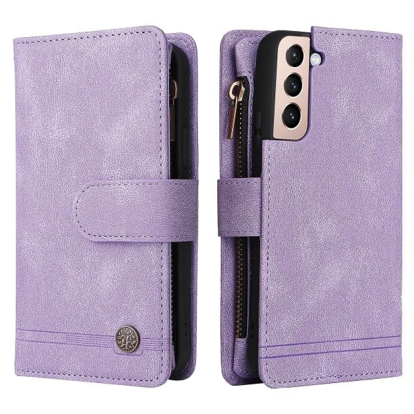 Etui til Samsung Galaxy S22 5G Læder Flip Case Med Kortholder Penge Lomme Magnetiske Knapper Stativ Stødsikker Lilla A