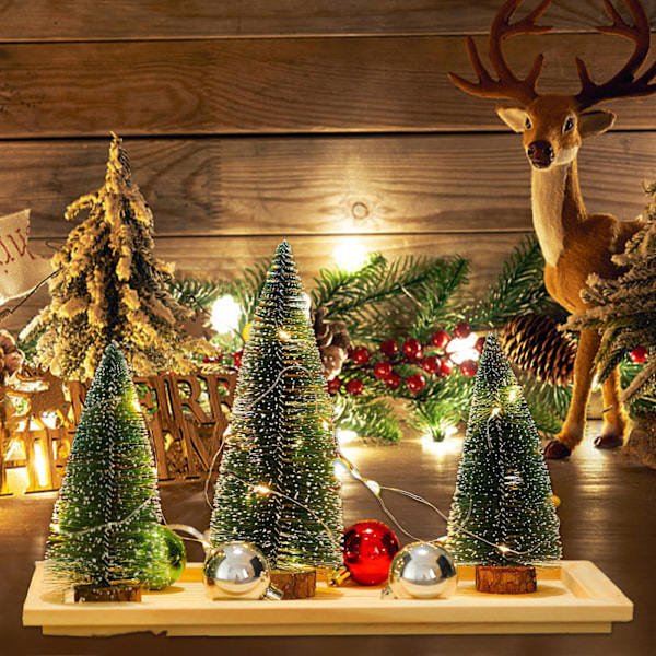 Kunstig Miniature Juletræ, Mini Fyrretræer med Træbase, Juletræ til Festlige Bord Juledekorationer