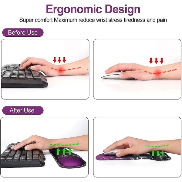 Ergonomisk musemåtte til tastatur og bærbar computer, skridsikker med hævet hukommelsesskum til nem skrivning og smertelindring, lilla sommerfugl