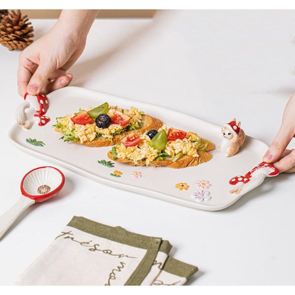 14\" Rektangulær Serveringsbrett i Keramikk med Soppform og Doble Håndtak for Dessert, Snacks, Bakverk, Stekeplater, Dekorativt Fat med Søte ...