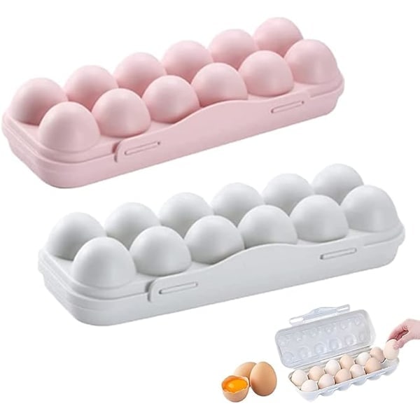 Äggförvaringslåda, 2-pack Ägglåda Kylskåp, Plast Ägglåda, Kylskåp Ägghållare, 12 Äggförvaringslåda, för Äggförvaring (Rosa, Grå)