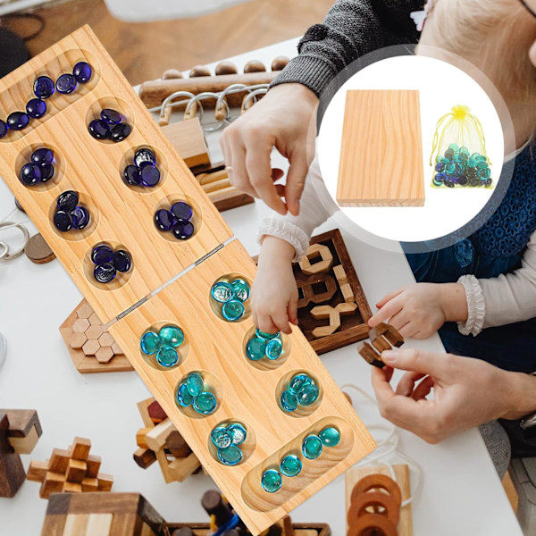 Mancala brädspel leksaksset: Roligt spel med träbräda, färgade glasstenar, förvaringsväska, lövträ, hopfällbart spelbräde för hela familjen