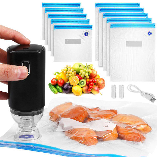 1 Set Elektrisk Vakuumförpackare med Zip-påsar och Förslutningsklämmor för Matlagning och Matförvaring Svart 13X5X5CM