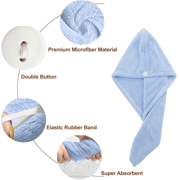 Mikrofiber Håndklæde til Hår, Super Absorberende Hår Turbaner til Vådt Hår Anti Frizz Hoved Håndklæder Wrap Tørring Håndklæder med Knap til Langt（2stk