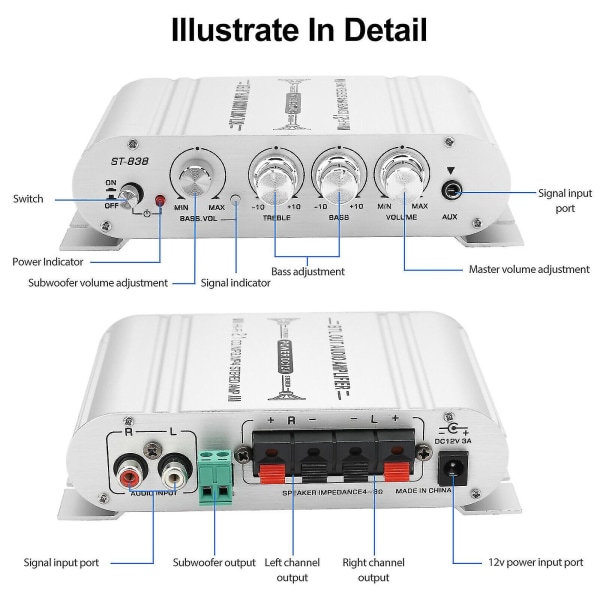 12v 400 Watt Bil Audio Stereo Forstaerker 2.1 Kanal Hifi Hoejttaler Power Amp System Udendørs