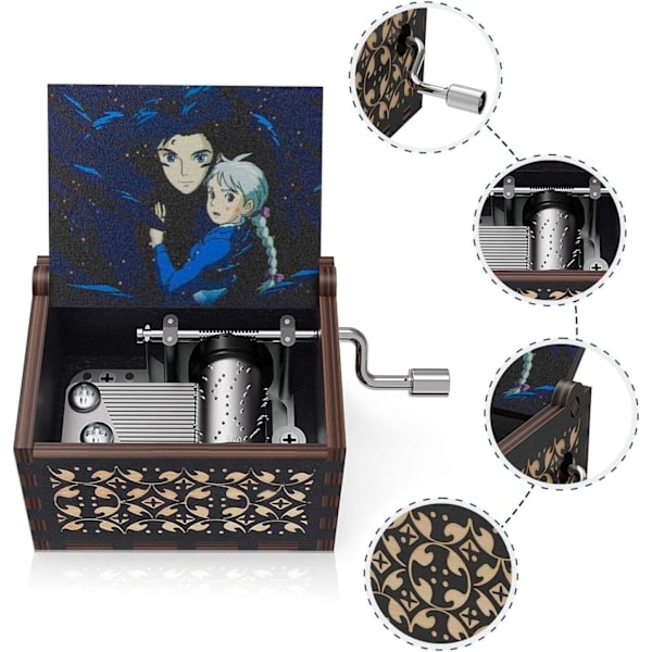 Howl's Moving Castle Træ Musikboks, Anime Tema Musik Merry Go Round of Life Træ Håndsving Musikæsker Nytår Fødselsdagsgave (Sort)