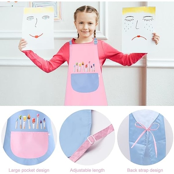 2-pack barnförkläden, målarförkläde, ålder 6-12, vattentäta kockförkläden för kök, målning, matlagning, bakning - 60×45 cm (rosa och blå)