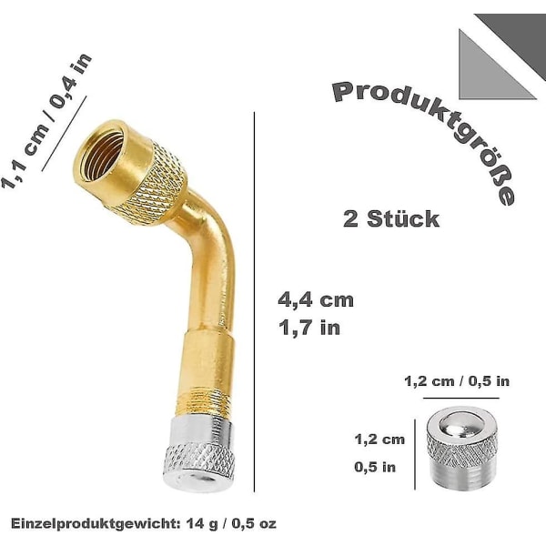 Ventilforlenger, ventiladapter for sykler, motorsykler og biler, utstyrt med 2 ventilhetter, 135 grader, 2 stk