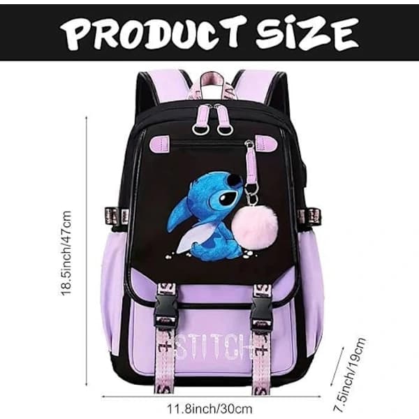 Purple Stitch Backpack for Kids & Teens – School Backpack with 2 USB Ports