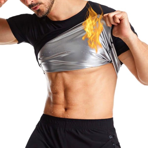 Bastu Svettdräkt Viktminskning Shapewear Topp Skjorta Midjeväst Tränare Träning Fitness Gym Korta Ärmar Män X Large