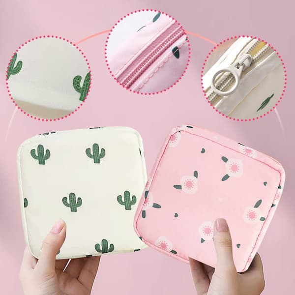 Menstruationsbindspose, vaskbar polyester med lynlås, bærbar opbevaring til kvinder, 2-pak, lyserød blomster & kaktus, 13 x 13 x 4,5 cm