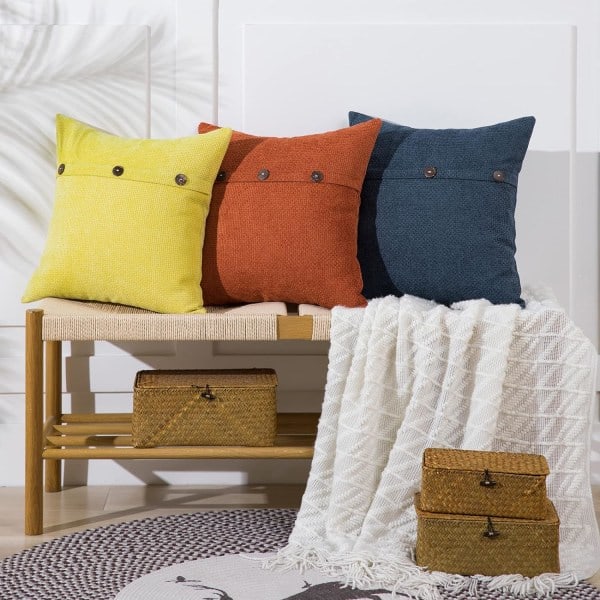 Kuddfodral 45x45 cm med tre knappar, 2-pack, Chenille, Rustik Lantlig Stil, Dekorativ Soffdekoration
