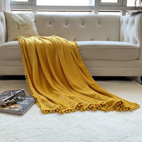 Flanellteppe Napteppe Koselig Sengeteppe Sofa med Pom Poms