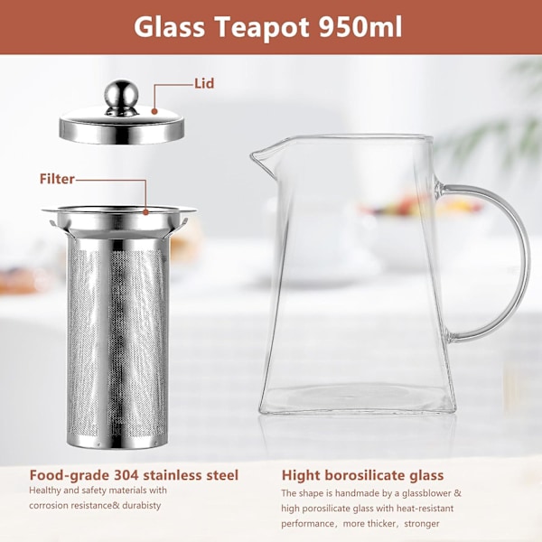 950 ml Borosilikatglas Tekanna, Löst Blad Tepåsar Med Infuser, Stor Kvadratisk Tepåse Med Sil, Spishäll Mikrovågsugn Säker Tekanna För 4-6 Koppar
