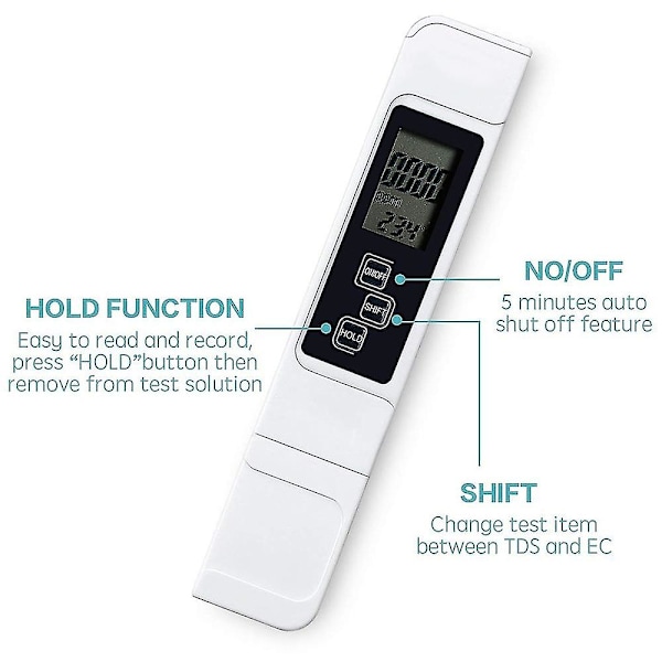 Vandkvalitetstest, TDS-måler, EC-måler og temperaturmåler 3 i 1.