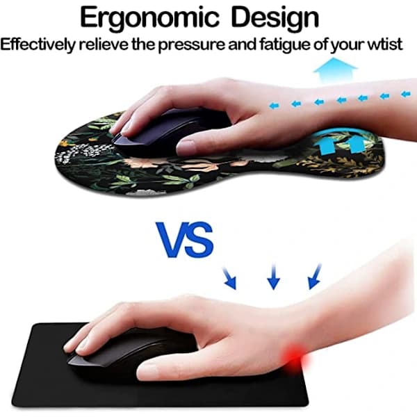 Ergonomisk musemåtte med håndledsstøtte, søde musemåtter med skridsikker PU-base til hjemmekontor, studier, nem skrivning og smertelindring, sort blomstret [CO]