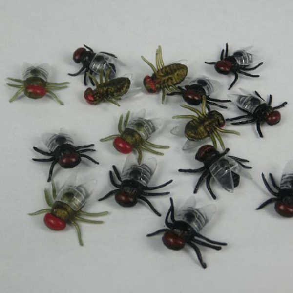 100 stk. falske fluer i plast, simulerte insekter, fluer, spøkefuglleker, spøkefugler, halloween-rekvisita, festartikler