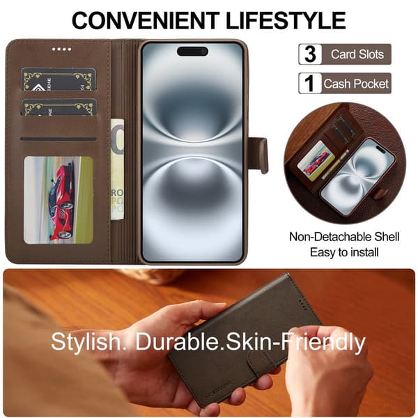 iPhone 17 LC.IMEEKE Premium PU Leather Wallet Case - Brown Brun brown