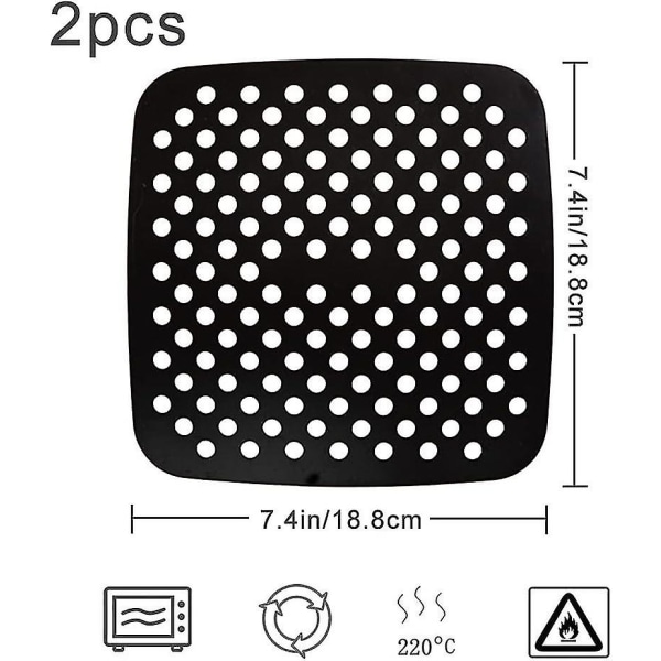 2 kpl uudelleenkäytettävää silikonista valmistettua Air Fryer -mattoa, tarttumattomat Air Fryer -vuoraukset silikonimattoja neliömäisiä, 18,8 cm