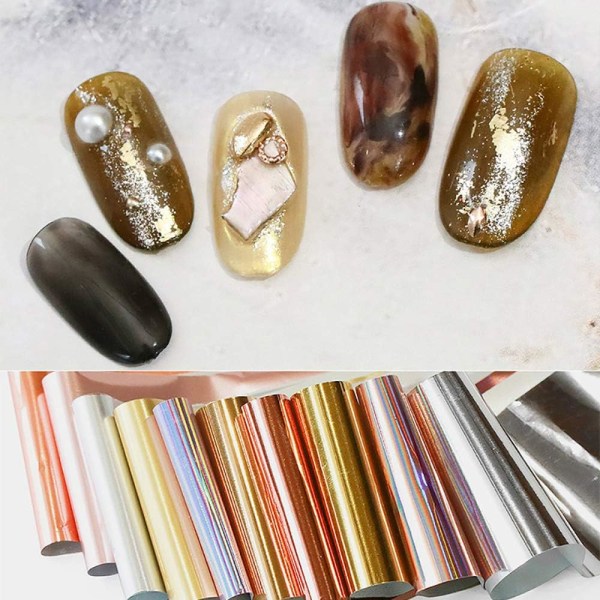 10 rullar metallisk färg holografisk nagelfolie överföring klistermärke, nagelfolie självhäftande klistermärke, nail art tips varps skinande DIY klistermärken nagel