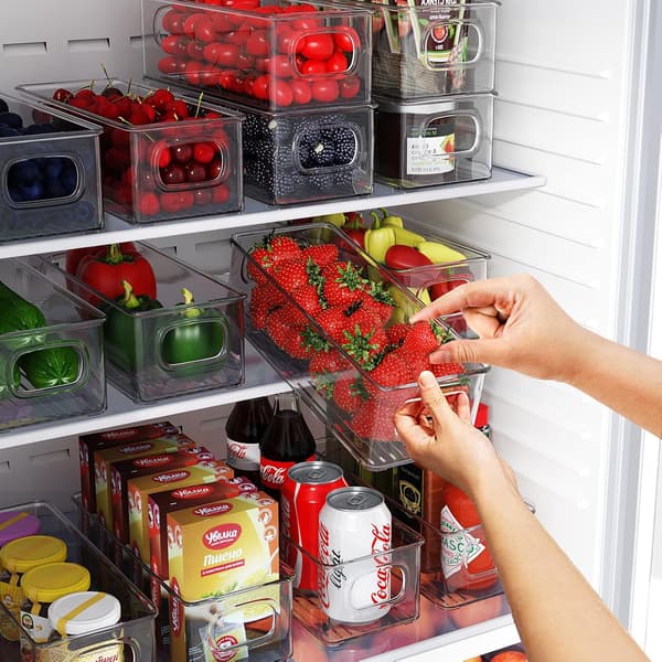 Fridge Organizer Set of 4, Stackable Storage Bins, Small Refrigerator Organizer Bins with Handles for Kitchen, Freezer, Pantry
