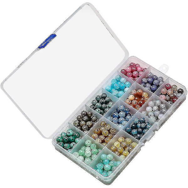 Runde Crackle Krystallperler, 375 stk Blandede Glassperler 15 Farger 8mm