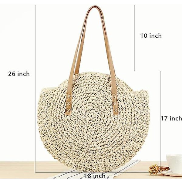 Håndvesker av halm til kvinner, håndvevde runde vesker av maisstrå, naturlige, elegante håndvesker, store sommerstrandvesker, vevde håndtak, skuldervesker