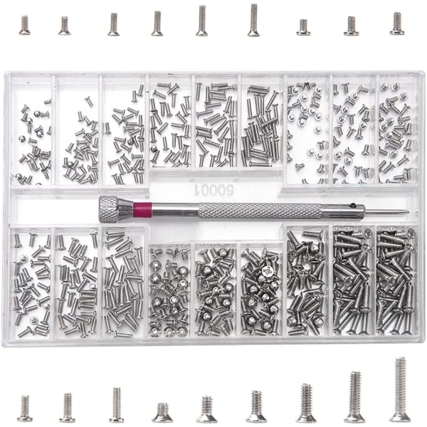 500 stycken Micro Tiny Screws Kit, M1.2 M1.4 M2 Micro Reparations Screws, Rostfritt stål Små skruvar Sortimentssats med skruvmejsel, Silver