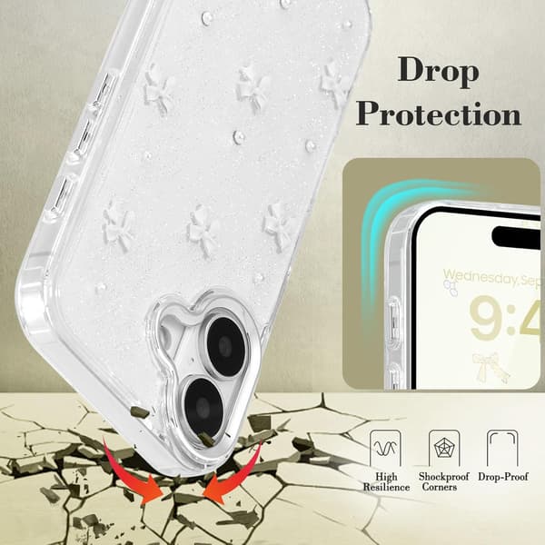 Case for iPhone 16, Bling Glitter 3D Bow Phone Case Cute Sparkly Crystal Clear Bow Slim Soft Durable Protective Cover Whit White iPhone 16