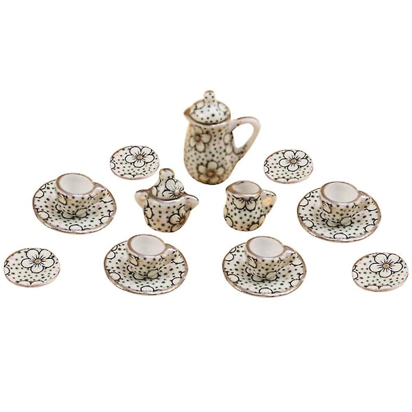 15 st/set Dockhus Miniatyr Keramisk Blommig Te Kannot Kopp Fat Underlägg Leksaksservis