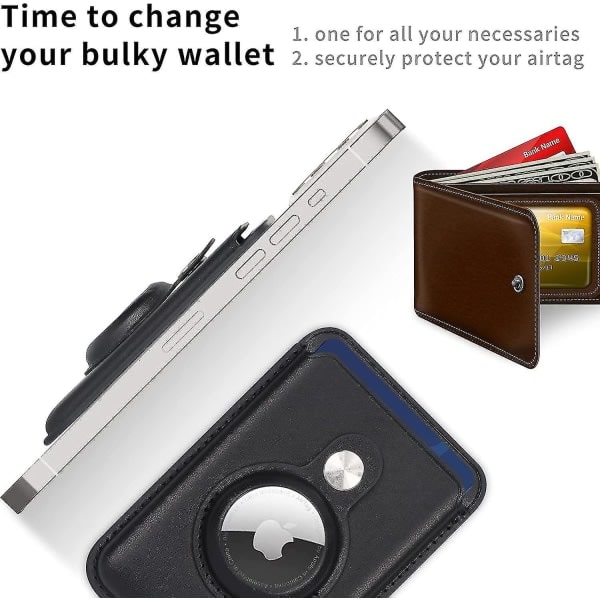 Magsafe-korttikotelo, yhteensopiva iPhone 12/13 -sarjan kanssa, AirTag-taskulla, magneettinen lompakkokotelo nahkaa, musta
