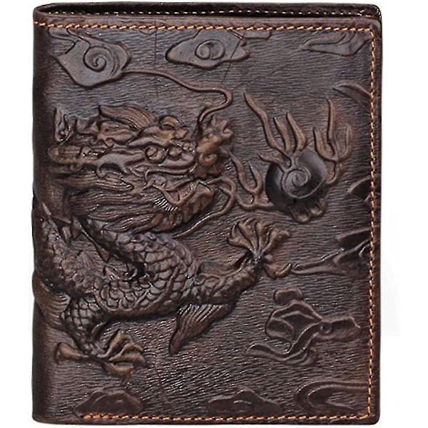 Mens Brown Genuine Leather Wallet With Credit Card Holder Dragon Pattern