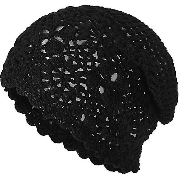 Håndlaget strikket sommerlue for damer - Heklet slouch beanie - Svart
