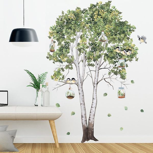 Baggrundsvægklistermærker Klistermærker Væg Soveværelse Væg Birk Plante Sofa Klistermærker Soveværelse Frisk Baggrund Dekoration Vægklistermærker Værelse Skab Dekor (Grøn, En Størrelse)