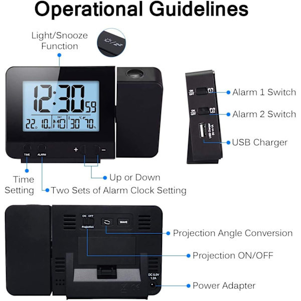 Projection Clock, Digital Alarm Clock, LED Display Projector Clock with Backlight Snooze, 2 Alarm Sounds (Black)