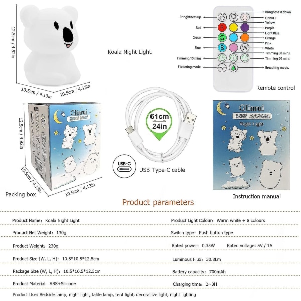 Koala-yövalo lapsille, silikoninen yöpöytävalaisin, vauvan lastenhuoneen valaisin, nukkumisen yövalot, väriä vaihtavat lamput - silmiä hoitava, säädettävä B