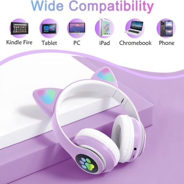 Wireless Kids Headphones with LED Light, Cat Ears and Microphone - Bluetooth