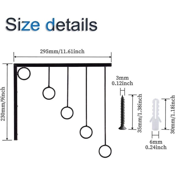 5 renkaan vaateripustin, metalli seinään kiinnitettävä vaateripustin, musta