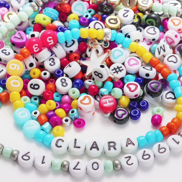 7655 stk. Lerperler til armbånd - 4800 stk. 6 mm Flade perler i polymerler, 2000 stk. 4 mm Glasfrøperler, 720 stk. Bogstavperler