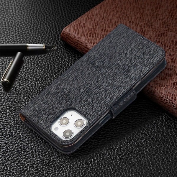 iPhone 12 Pro Max - Litchi Etui - Sort Black Svart