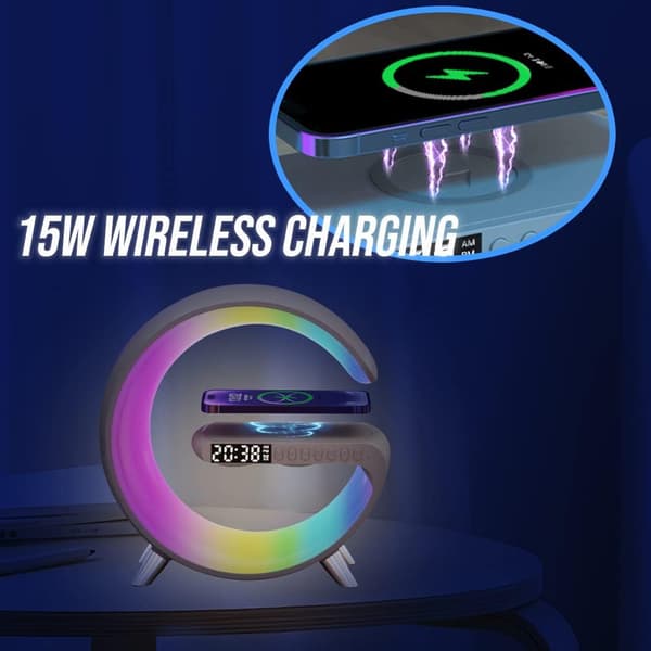 Multifunctional Wireless Charger Alarm Clock Speaker - White