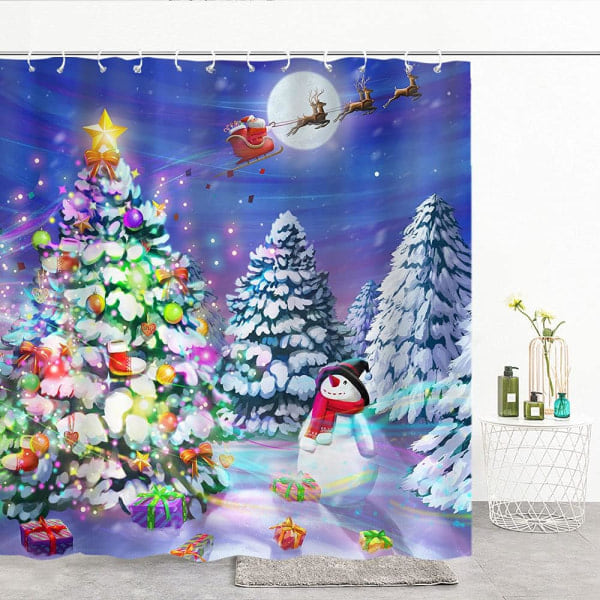 Rolig Jule Dusjforheng Sett, Vinterskog Snømann Juletre Måne Reinsdyr Baderomsgardin Blå Dekorative Stoffgardin 182 x 182 cm