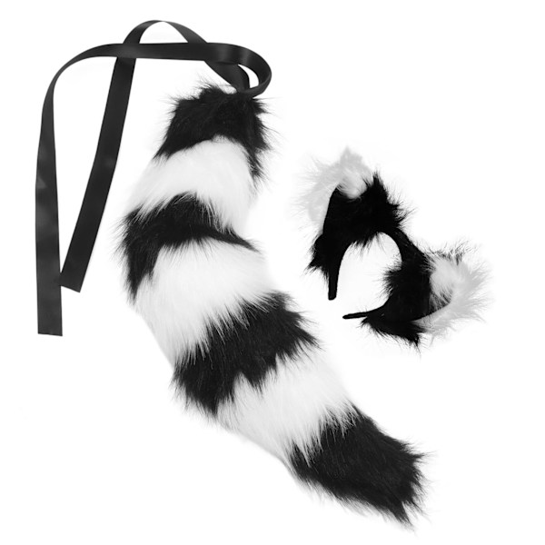 （sort og hvid）Hale Faux Fur Øre Hovedbånd Pote Handsker Sæt til Voksne Børn Halloween Jul Fancy Fest Cosplay Kostume Gaver